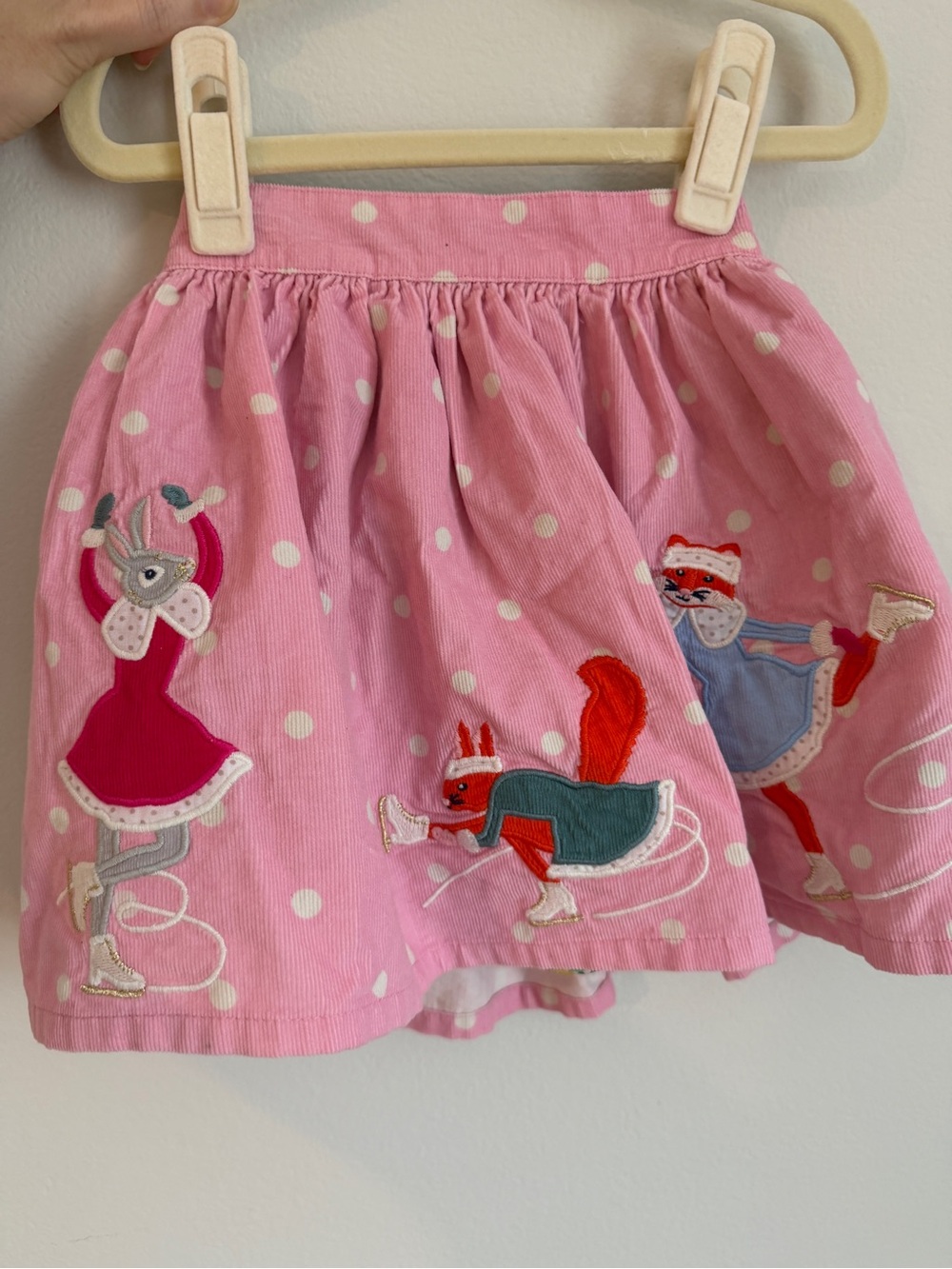 Mini Boden - Girls' Pink Corduroy Skirt with Ice Skating Animal Appliqués